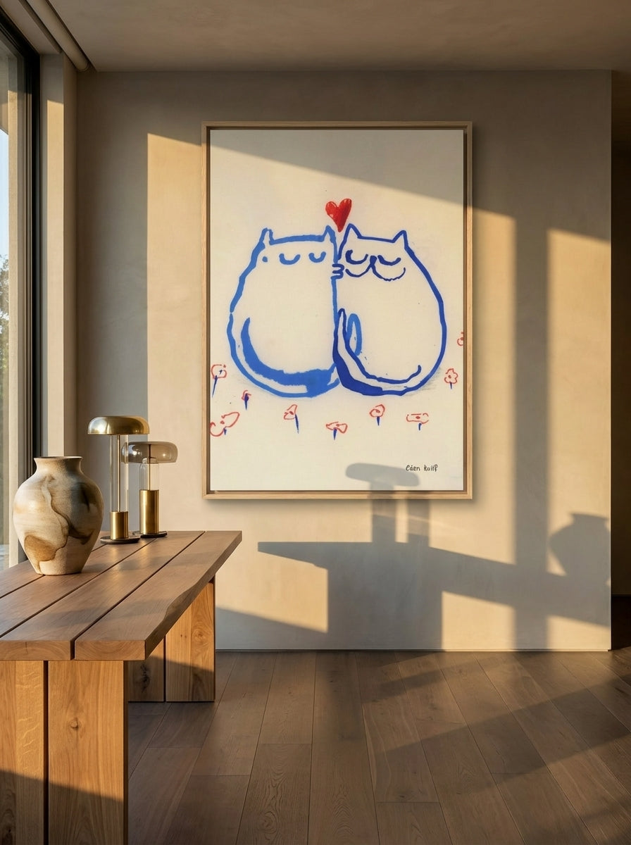 Oversized statement canvas wall art with a natural timber surround styled on the wall in a luxe home office