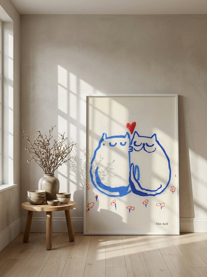 Oversized statement modern wall art print leaning against the wall in a warm Japandi living room