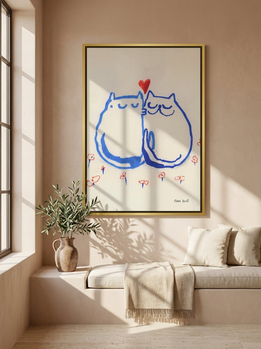 Oversized statement canvas wall art with a gold leaf surround styled on the wall in a Mediterranean living room