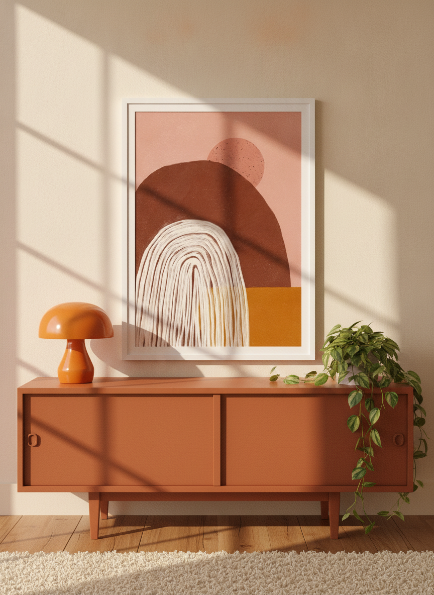 Modern wall art print standing on a sideboard in a retro 70s home office