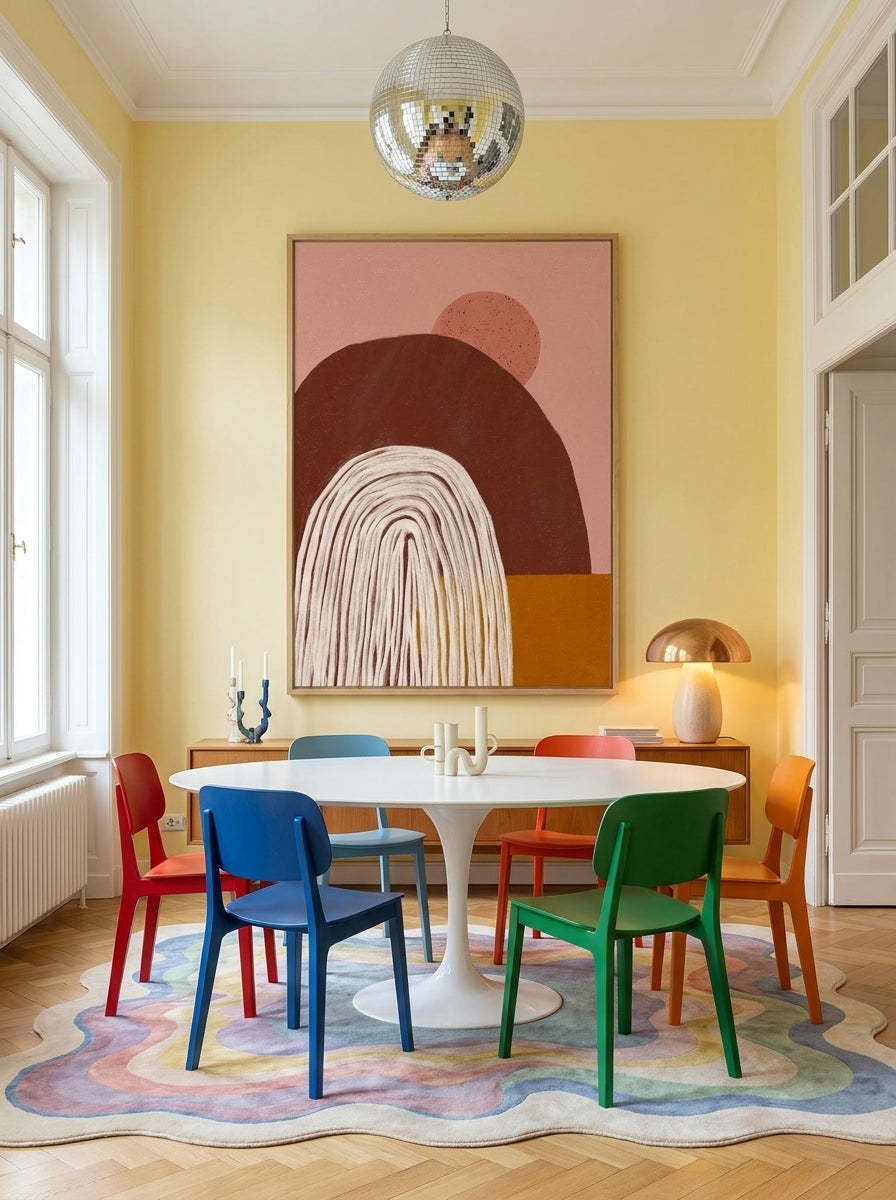 Oversized statement modern wall art print styled on the wall in a colourful eclectic dining room