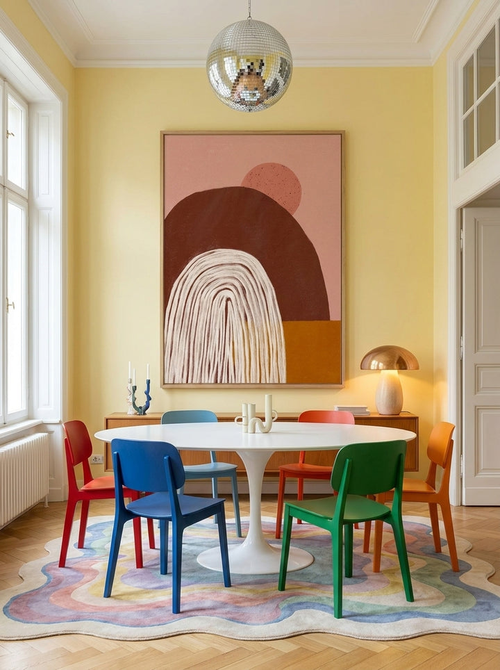 Oversized statement modern wall art print styled on the wall in a colourful eclectic dining room