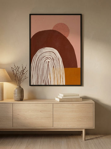 Modern wall art print styled on the wall in a warm Japandi living room