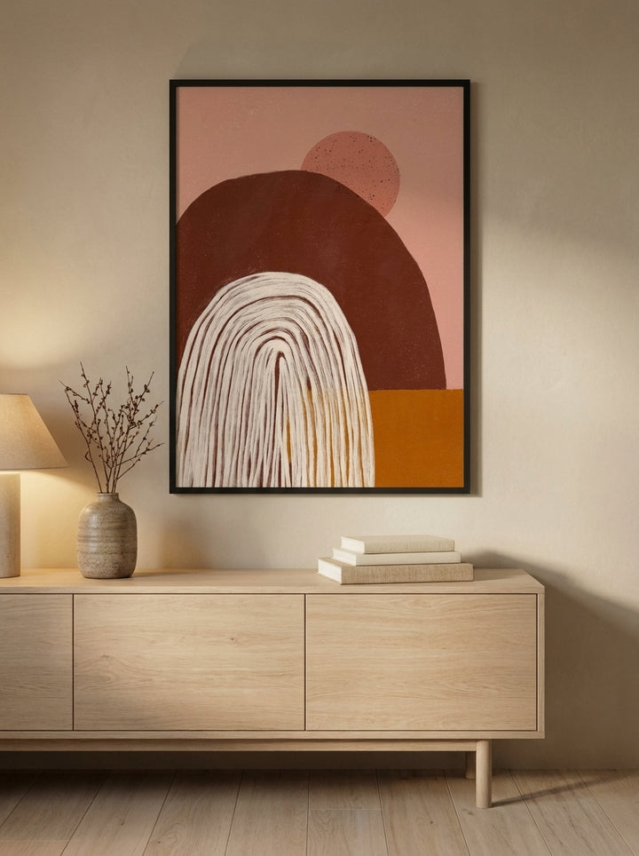 Modern wall art print styled on the wall in a warm Japandi living room