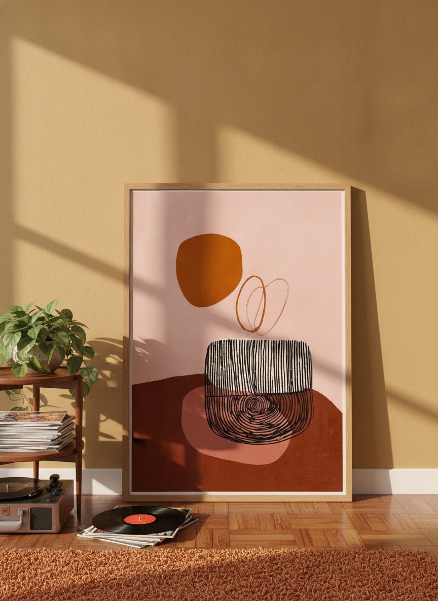 Modern wall art print leaning against the wall in a retro 70s home office