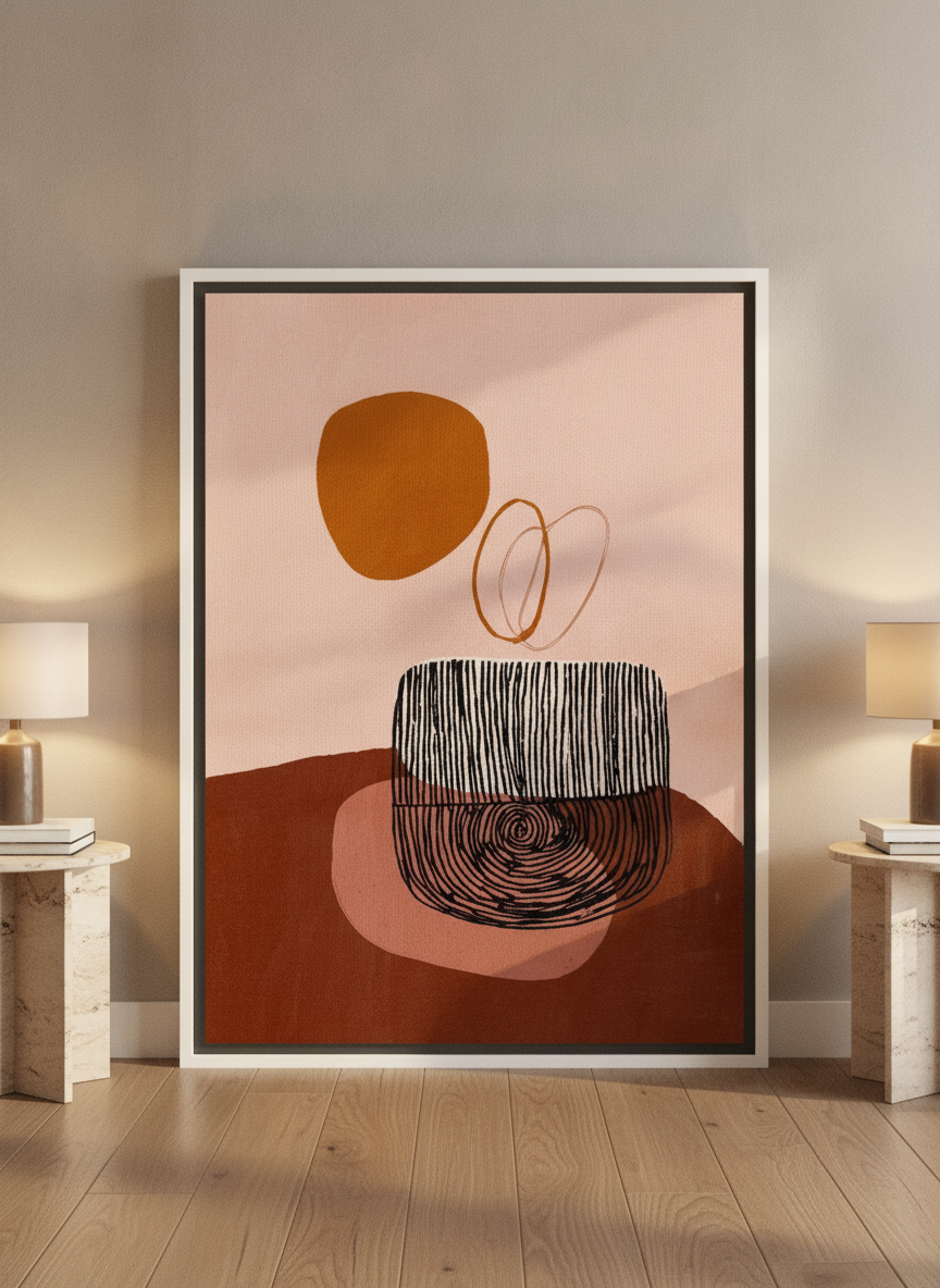 Oversized statement canvas wall art with a white surround leaning against the wall in a luxe living room