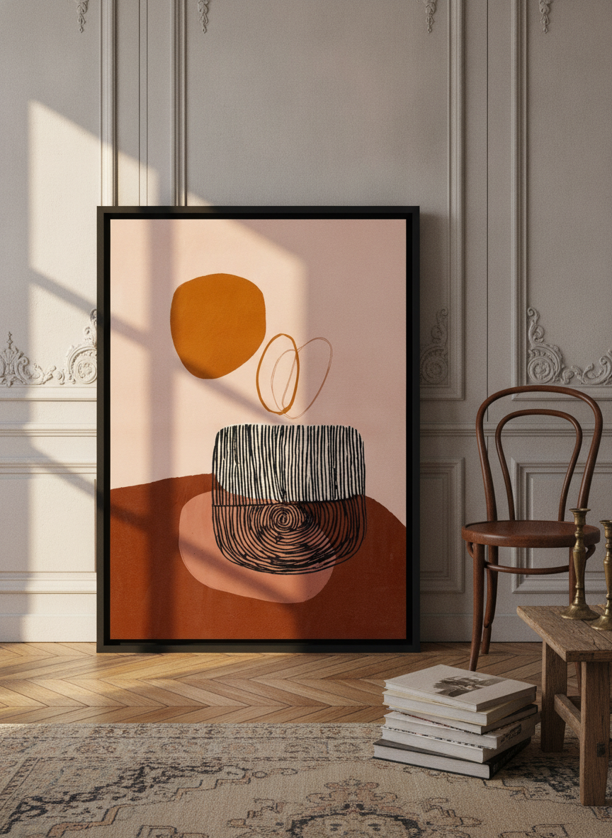 Canvas wall art with a black surround leaning against the wall in a Parisian home office
