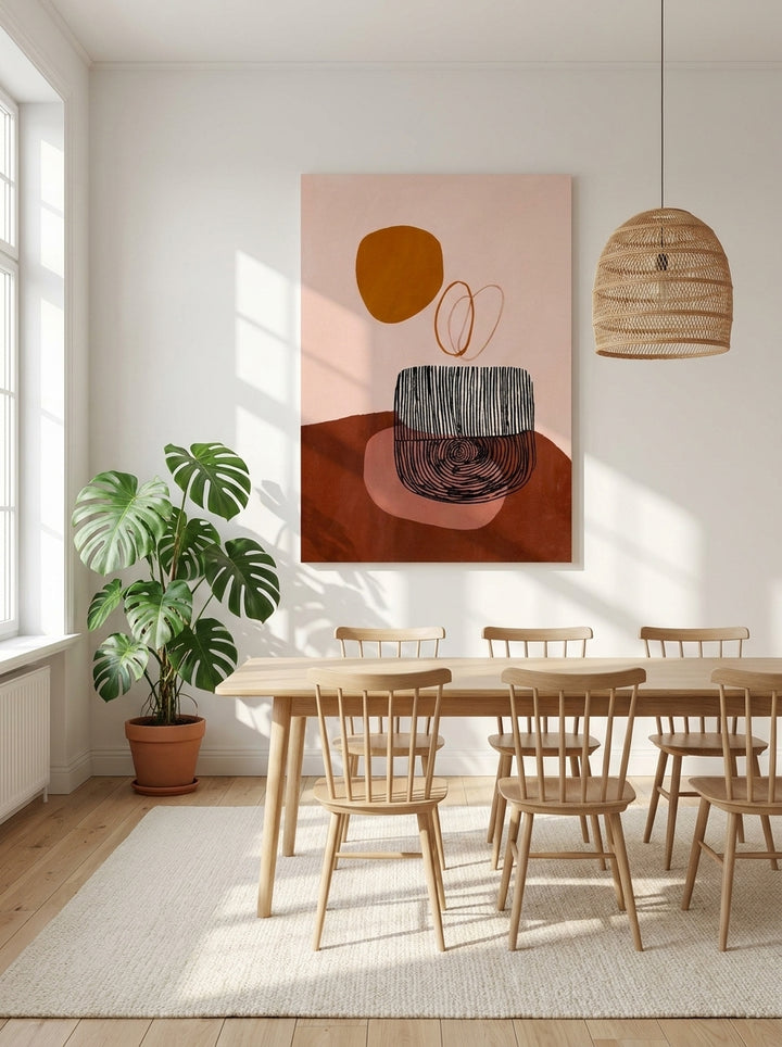 Stretched canvas wall art styled on the wall in a bright Scandinavian dining room