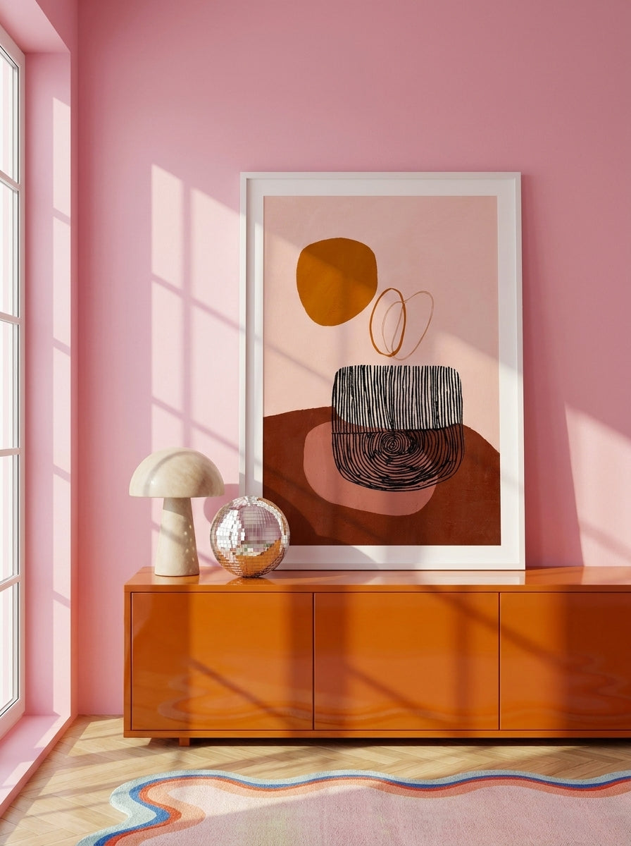 Modern wall art print standing on a sideboard in a colourful eclectic bedroom