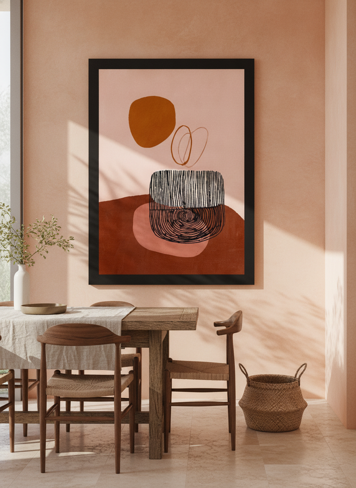 Oversized statement modern wall art print styled on the wall in a Mediterranean dining room