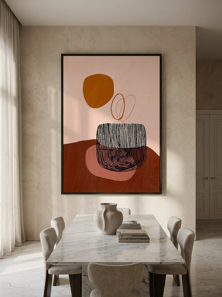Oversized statement modern wall art print styled on the wall in a luxe dining room