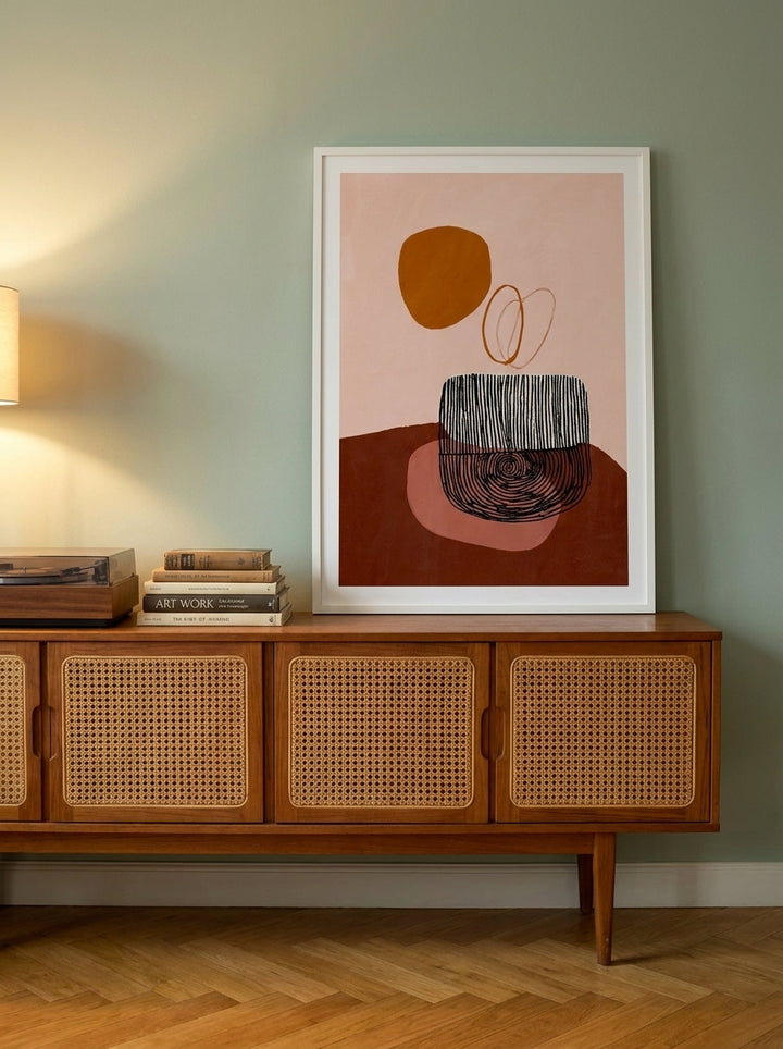Modern wall art print standing on a sideboard in a mid-century living room