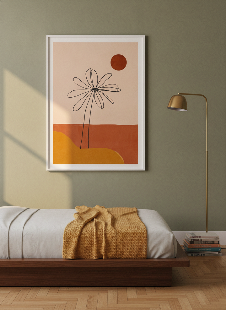 Modern wall art print styled on the wall in a mid-century bedroom