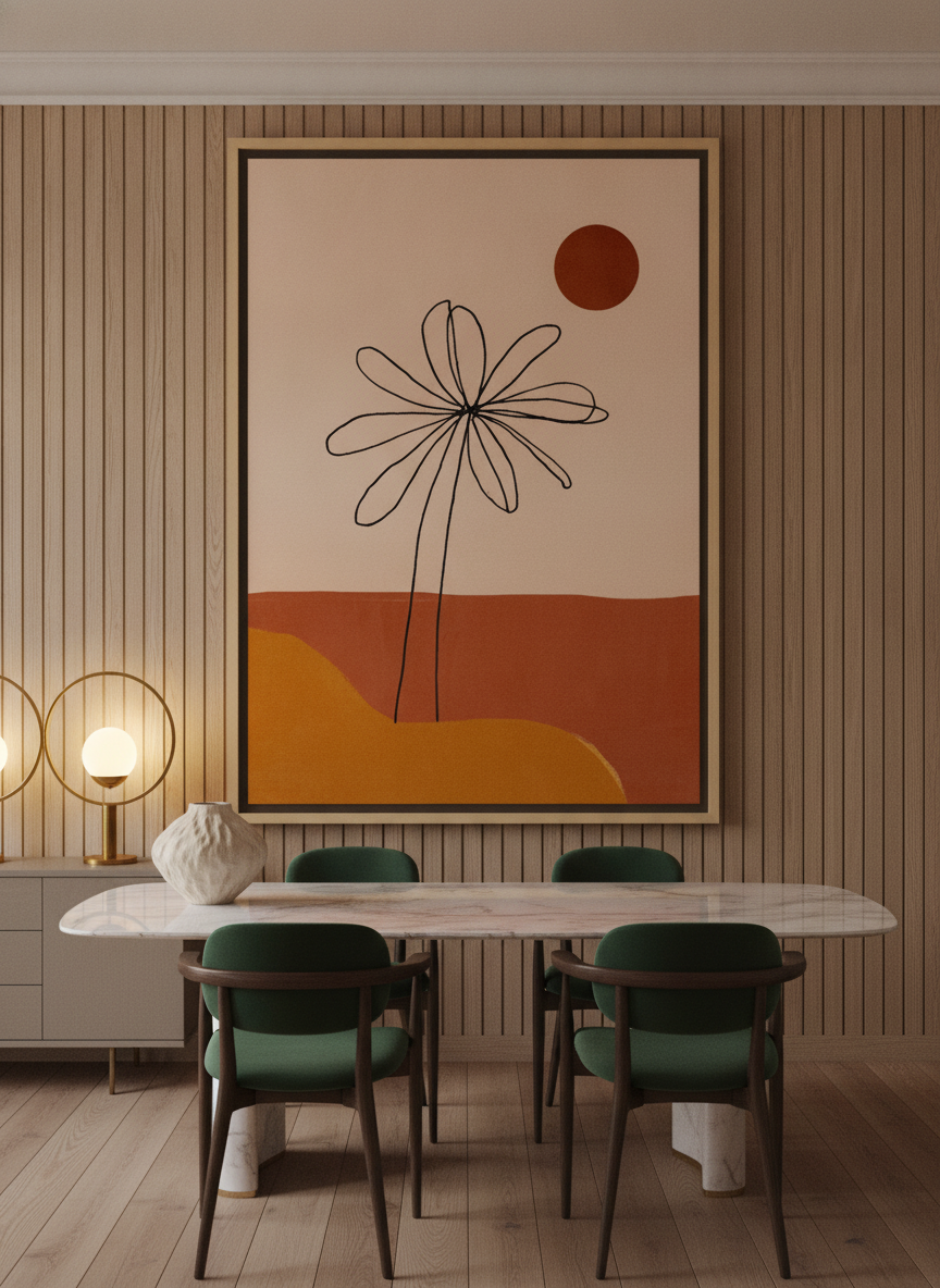 Oversized statement canvas wall art with a natural timber surround styled on the wall in a luxe dining room