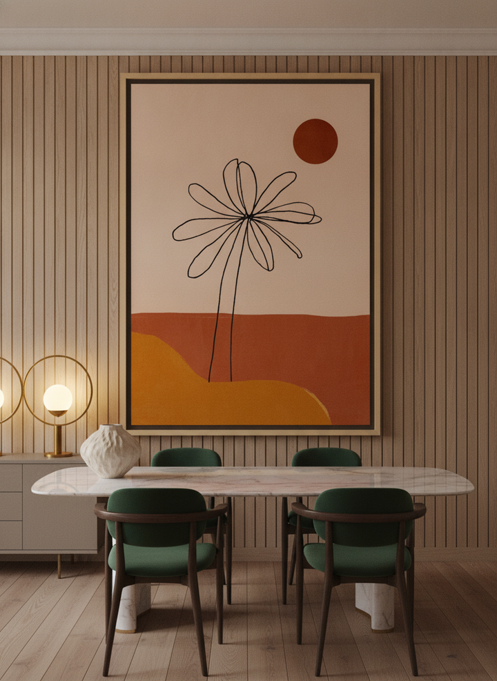 Oversized statement canvas wall art with a natural timber surround styled on the wall in a luxe dining room