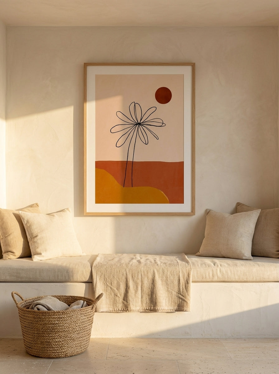 Modern wall art print styled on the wall in a Mediterranean living room
