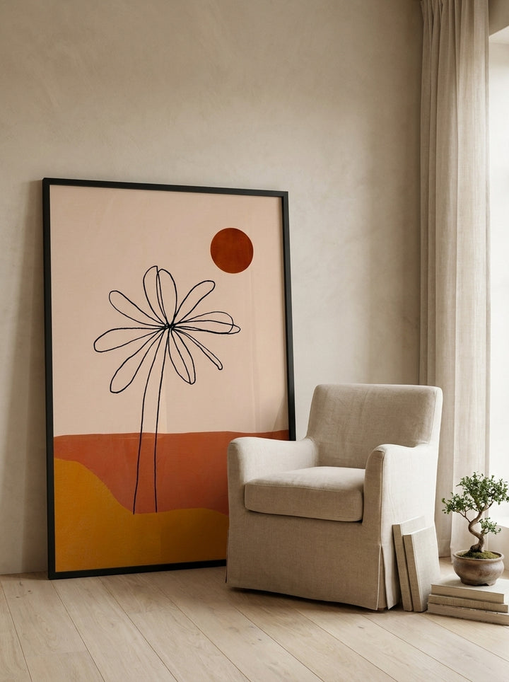 Oversized statement modern wall art print leaning against the wall in a warm Japandi bedroom