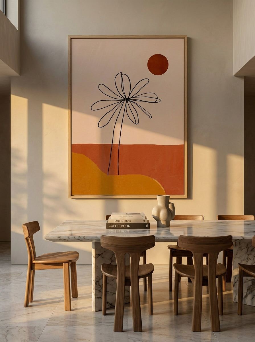 Oversized statement modern wall art print styled on the wall in a luxe dining room