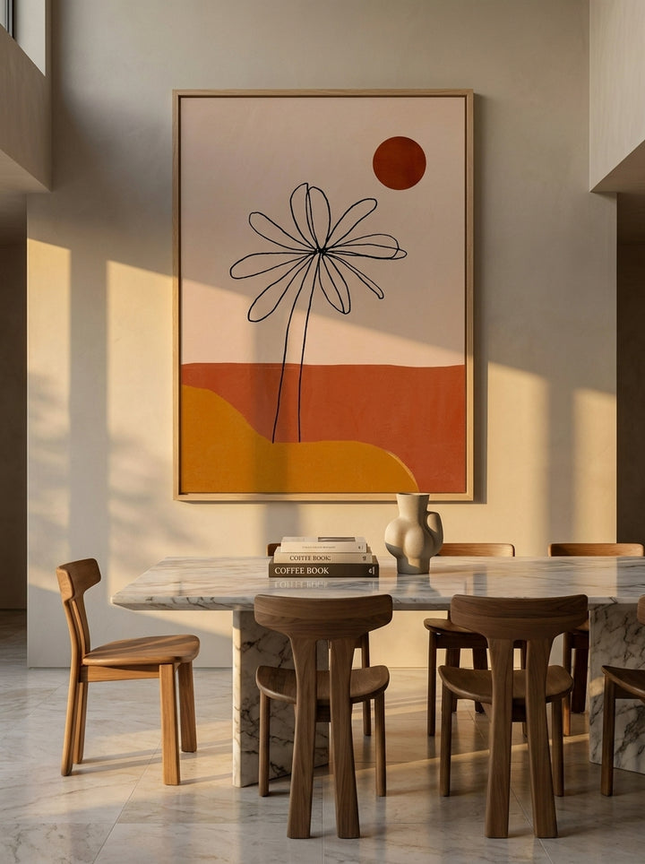 Oversized statement modern wall art print styled on the wall in a luxe dining room