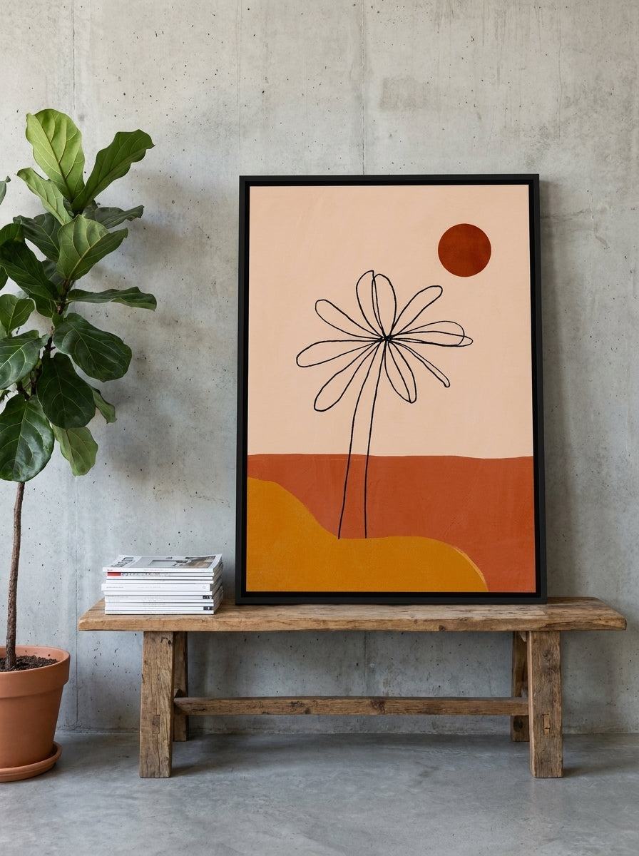 Canvas wall art with a black surround standing on a bench in an industrial loft living room