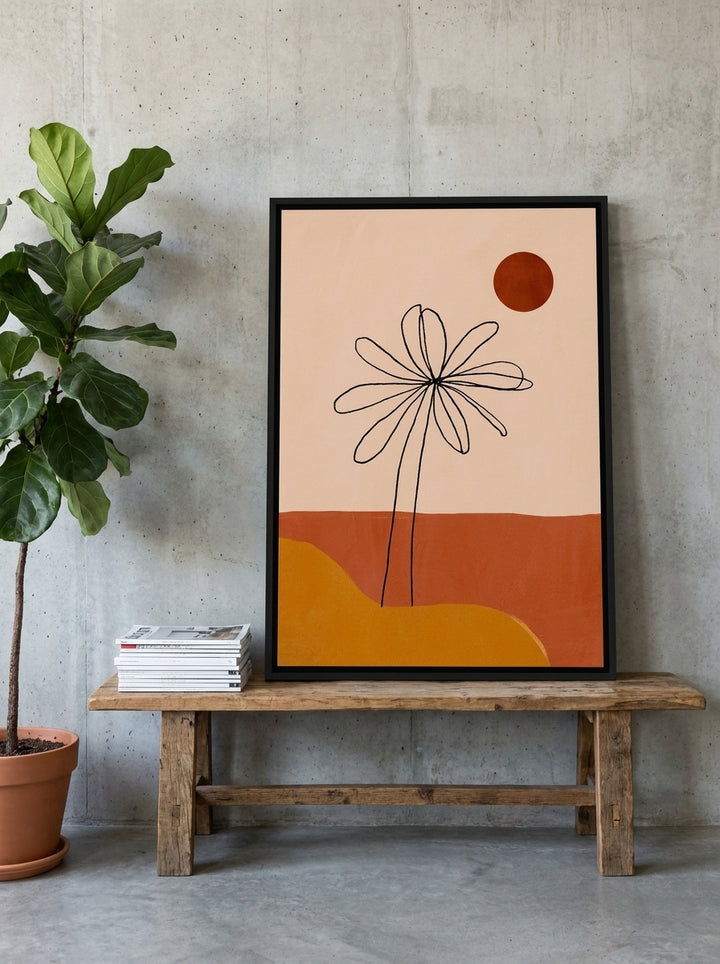 Canvas wall art with a black surround standing on a bench in an industrial loft living room