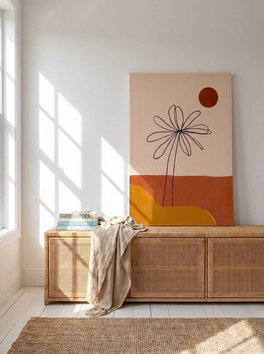 Stretched canvas wall art standing on a sideboard in a coastal home office