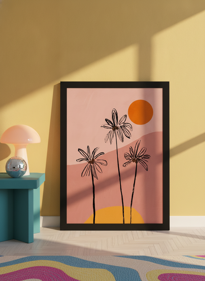 Modern wall art print leaning against the wall in a colourful eclectic bedroom