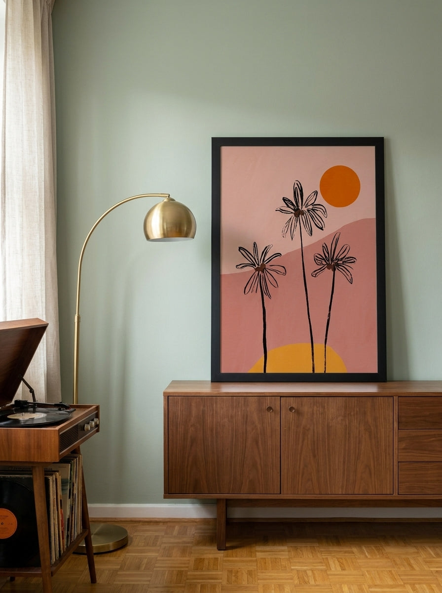Modern wall art print standing on a sideboard in a mid-century dining room