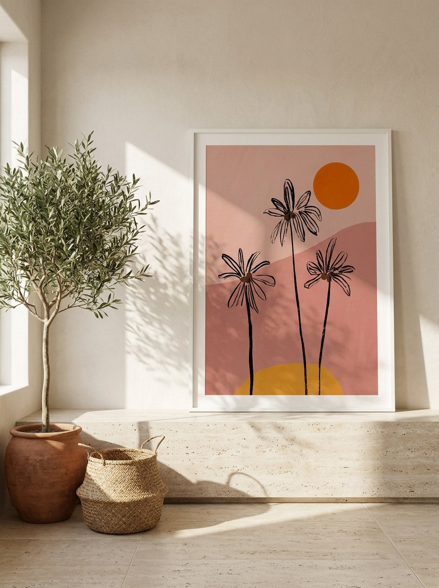 Modern wall art print standing on a console in a Mediterranean home office