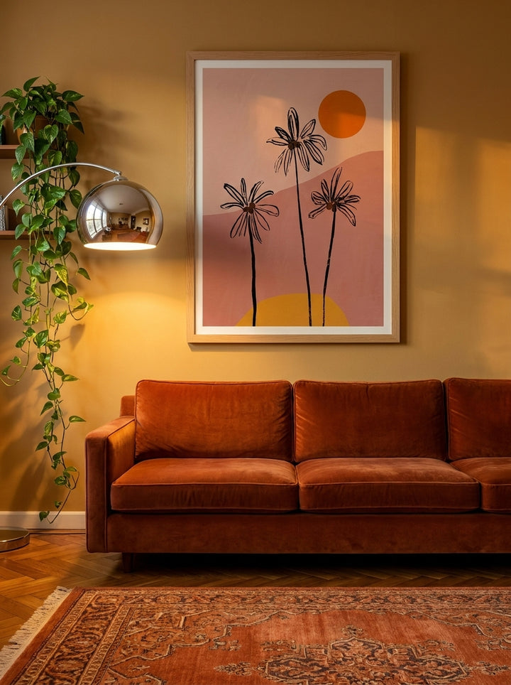 Modern wall art print styled on the wall in a retro 70s living room
