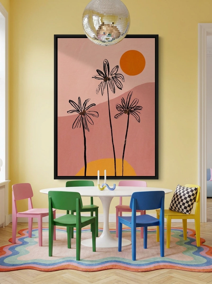 Oversized statement canvas wall art with a black surround styled on the wall in a colourful eclectic dining room