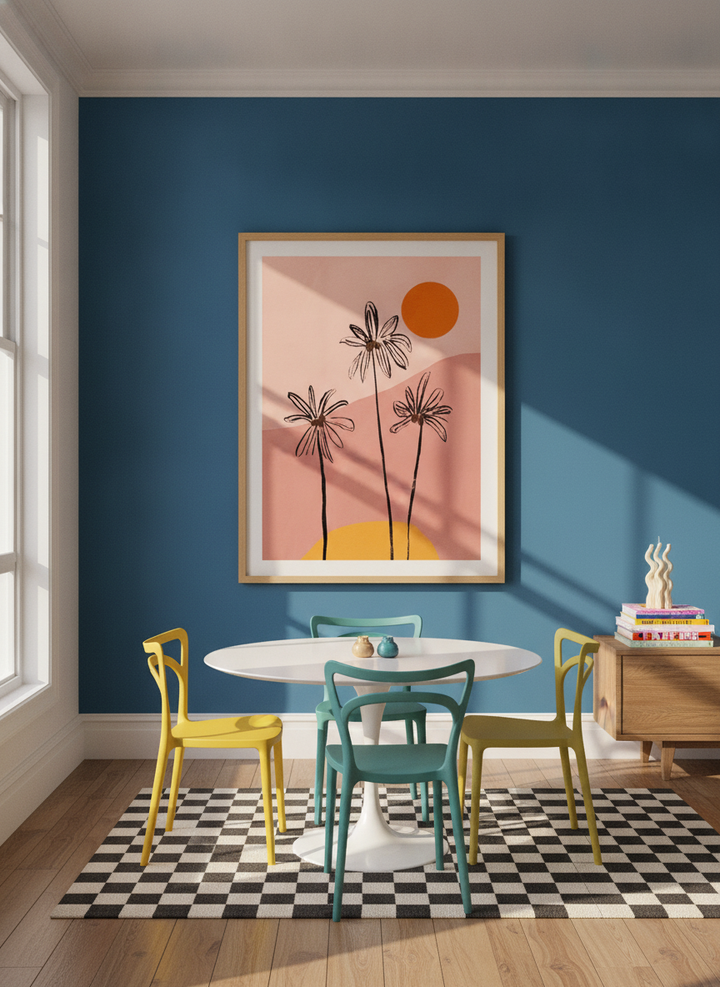 Oversized statement modern wall art print styled on the wall in a colourful eclectic dining room