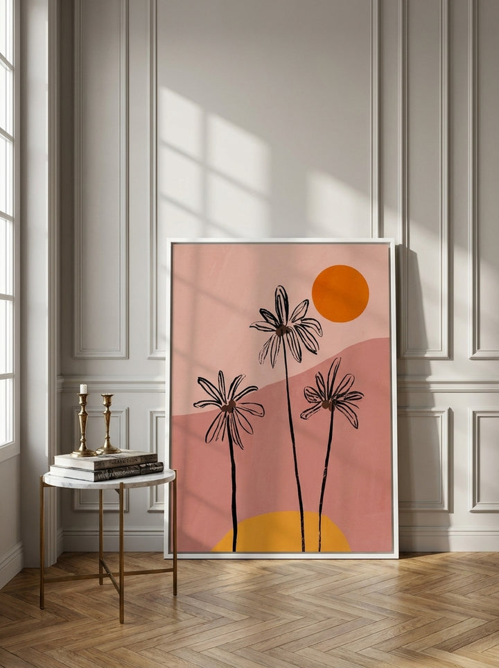 Canvas wall art with a white surround leaning against the wall in a Parisian dining room