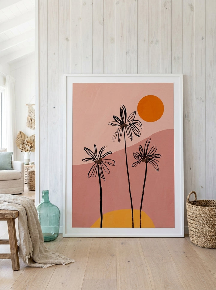 Oversized statement modern wall art print leaning against the wall in a coastal living room