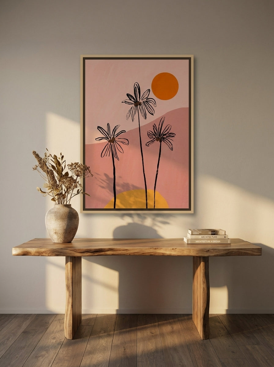 Canvas wall art with a natural timber surround styled on the wall in a luxe home office