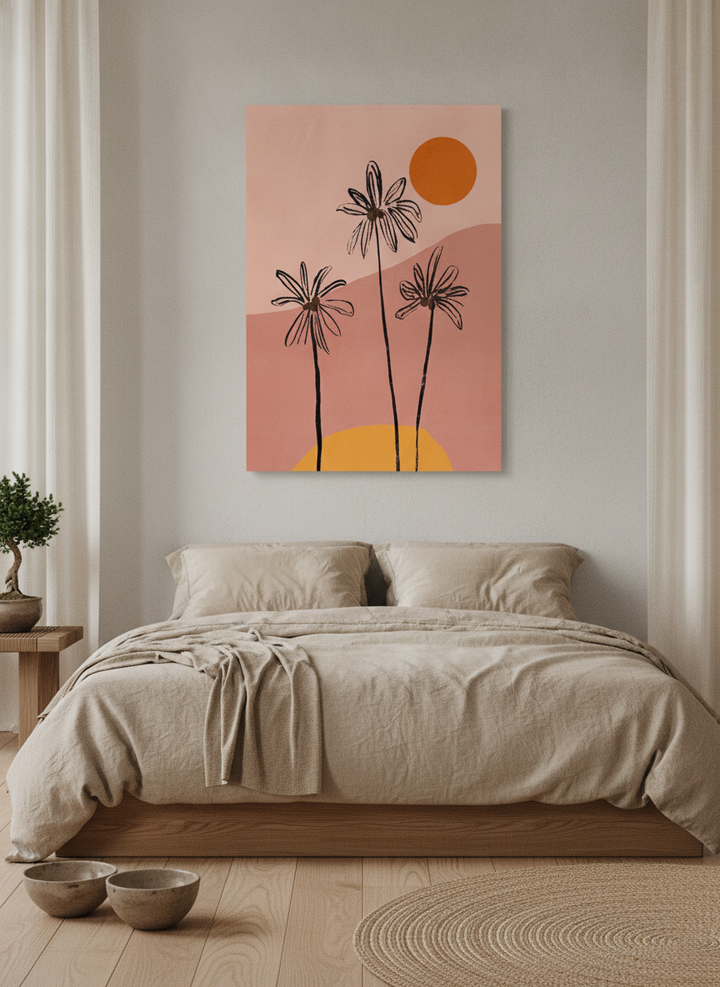 Stretched canvas wall art styled on the wall in a warm Japandi bedroom