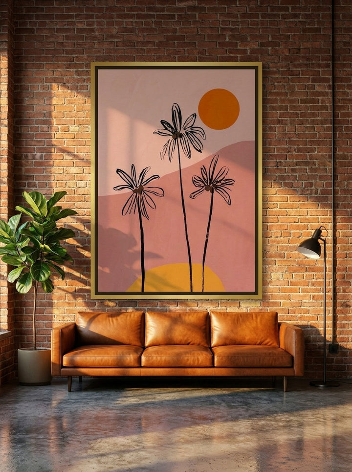 Oversized statement canvas wall art with a gold leaf surround styled on the wall in an industrial loft living room