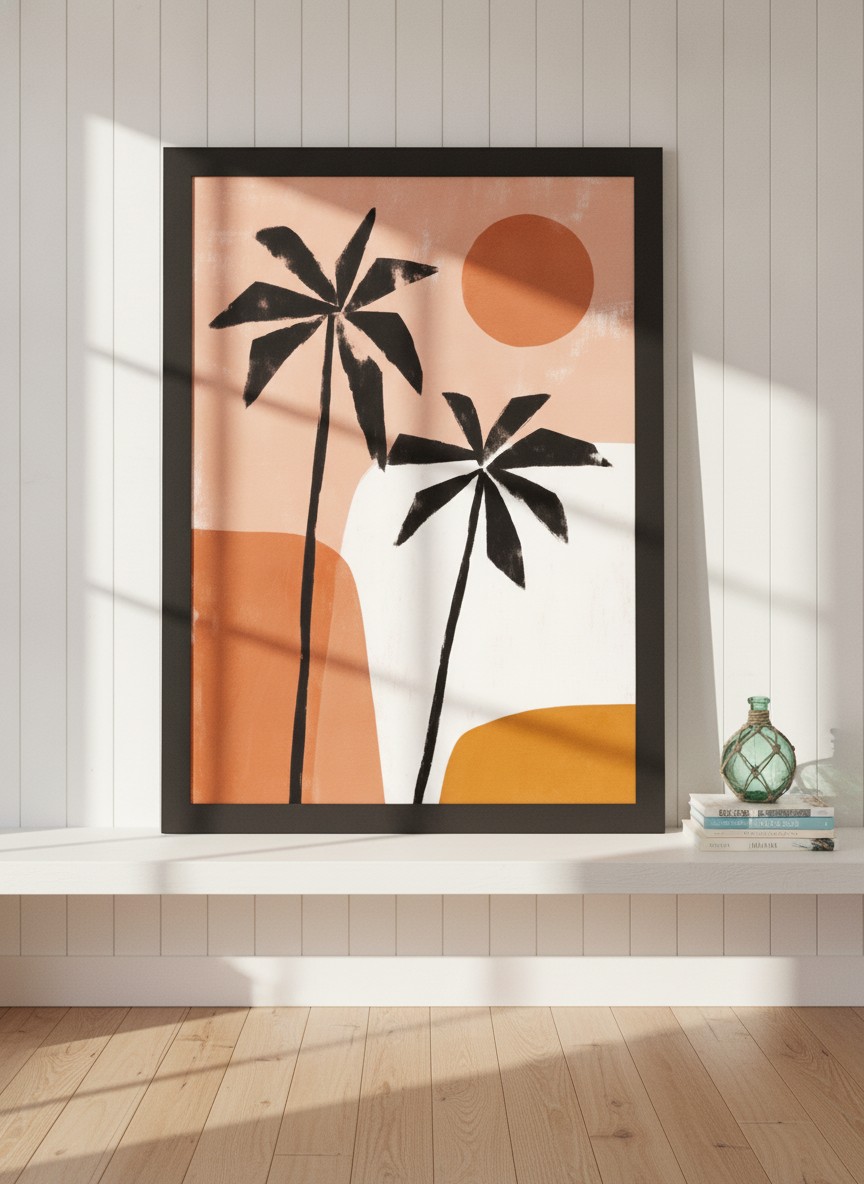 Modern wall art print standing on a console in a coastal bedroom