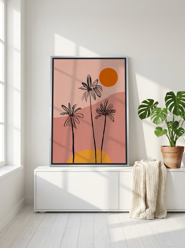 Canvas wall art with a silver leaf surround standing on a sideboard in a bright Scandinavian bedroom
