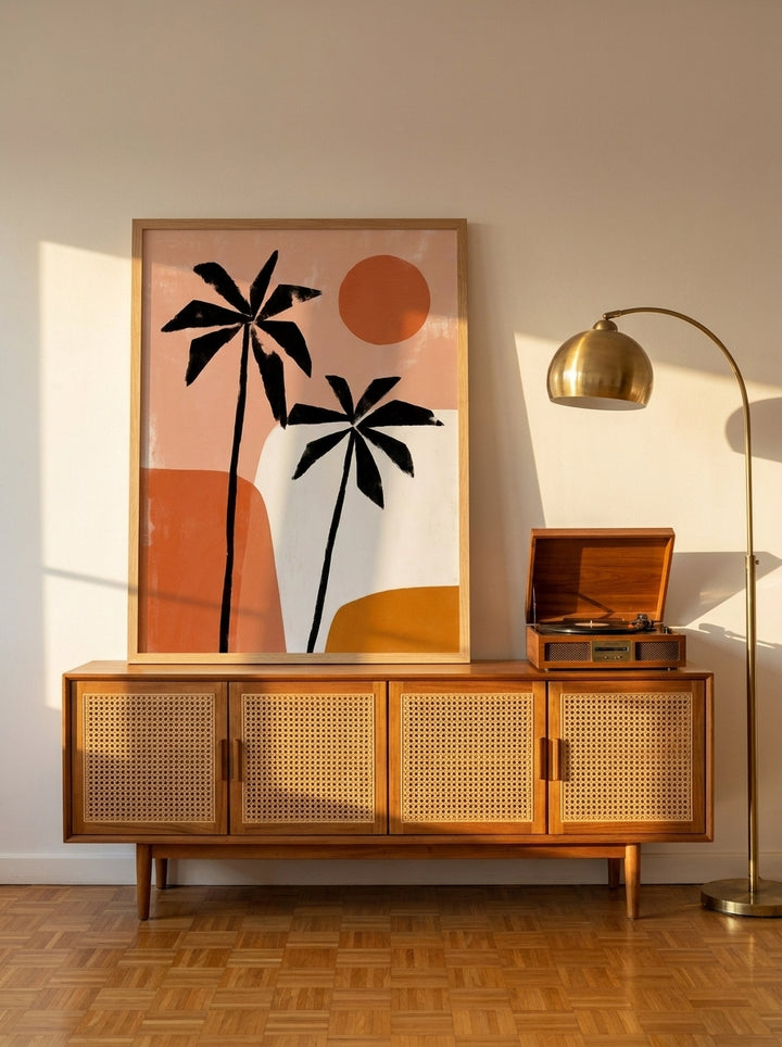 Modern wall art print standing on a sideboard in a mid-century home office