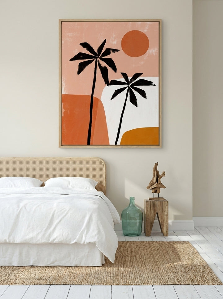 Oversized statement canvas wall art with a natural timber surround styled on the wall in a coastal bedroom