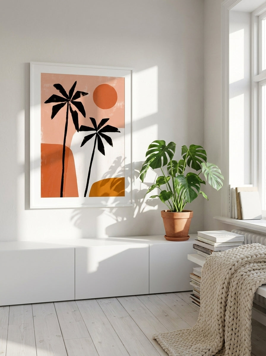 Modern wall art print styled on the wall in a bright Scandinavian living room