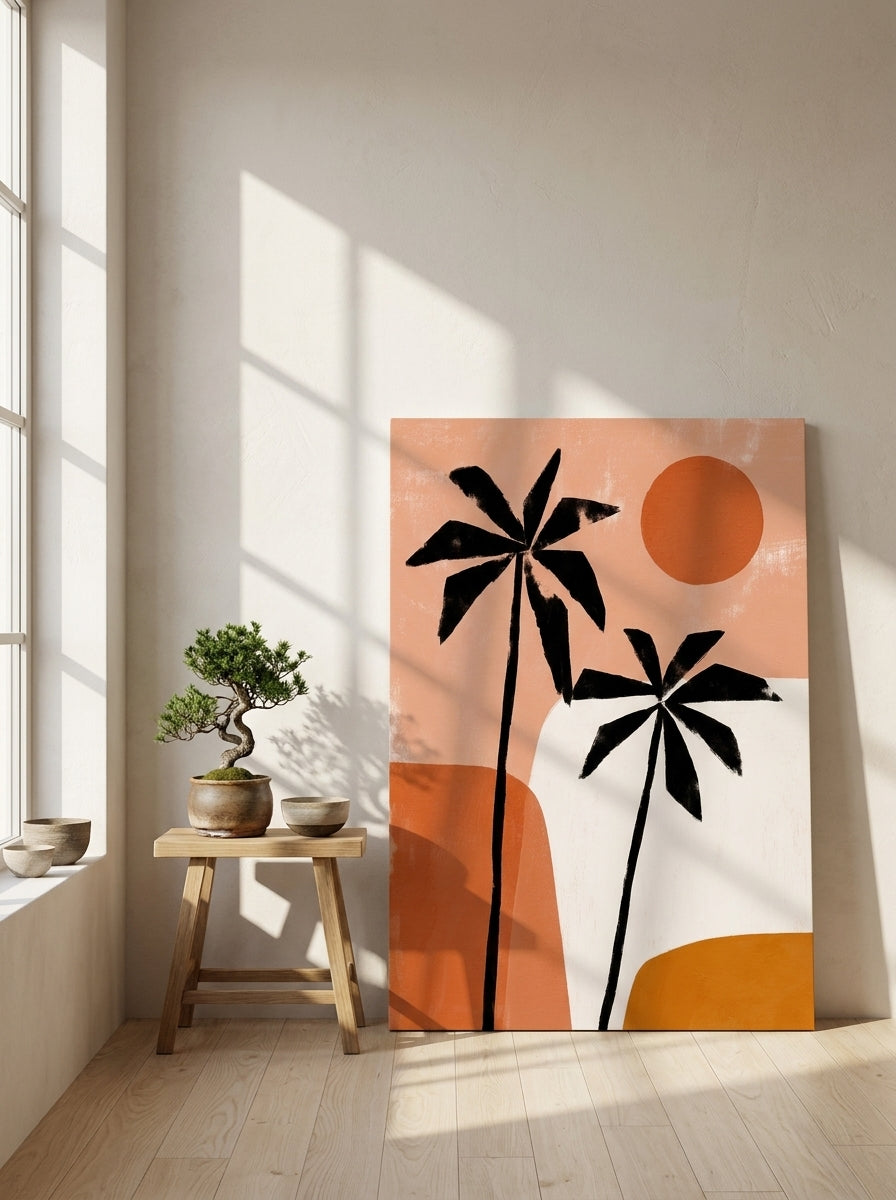 Stretched canvas wall art leaning against the wall in a warm Japandi bedroom