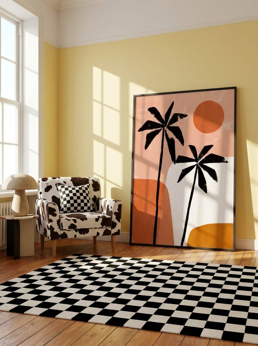 Oversized statement modern wall art print leaning against the wall in a colourful eclectic dining room