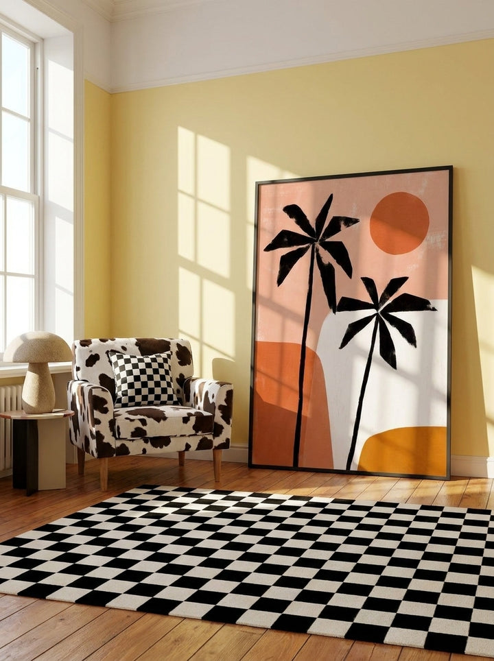 Oversized statement modern wall art print leaning against the wall in a colourful eclectic dining room