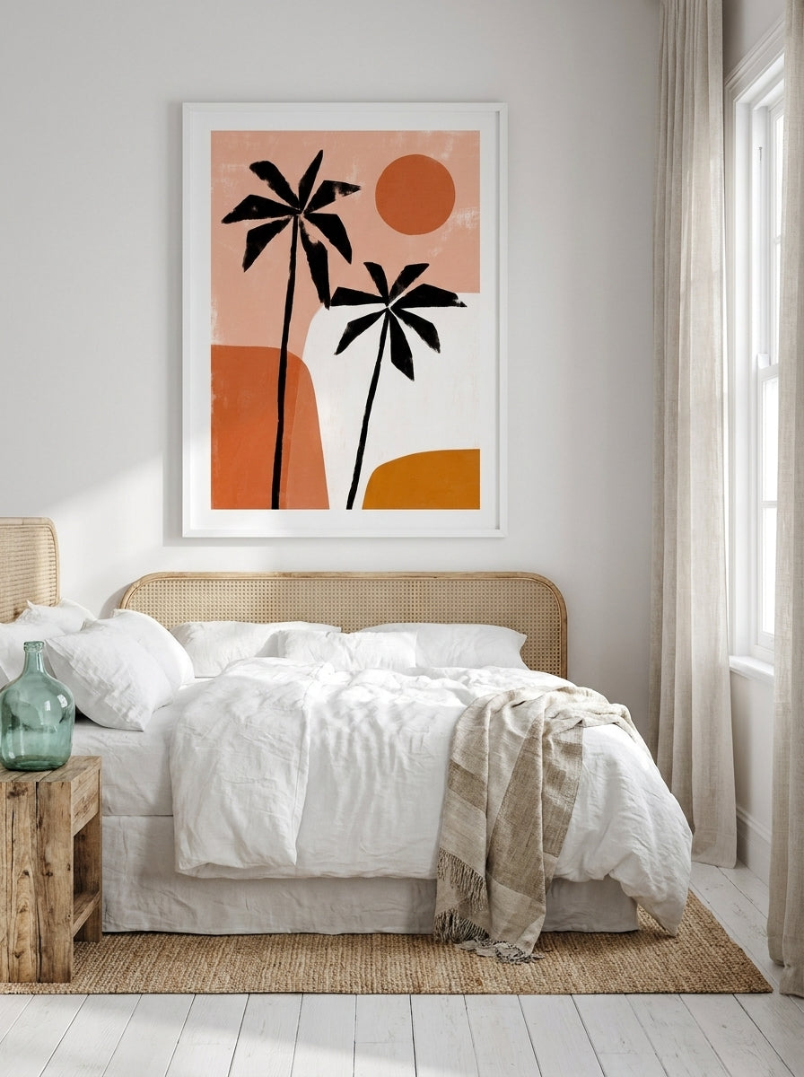 Oversized statement modern wall art print styled on the wall in a coastal bedroom