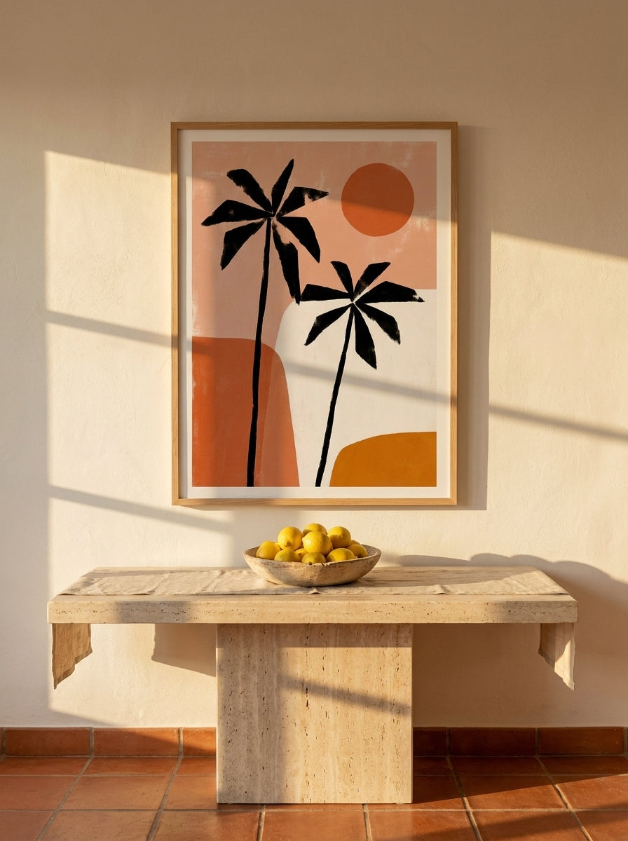 Modern wall art print styled on the wall in a Mediterranean living room