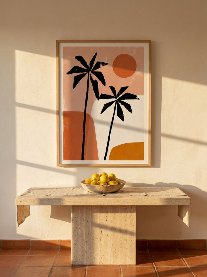 Modern wall art print styled on the wall in a Mediterranean living room