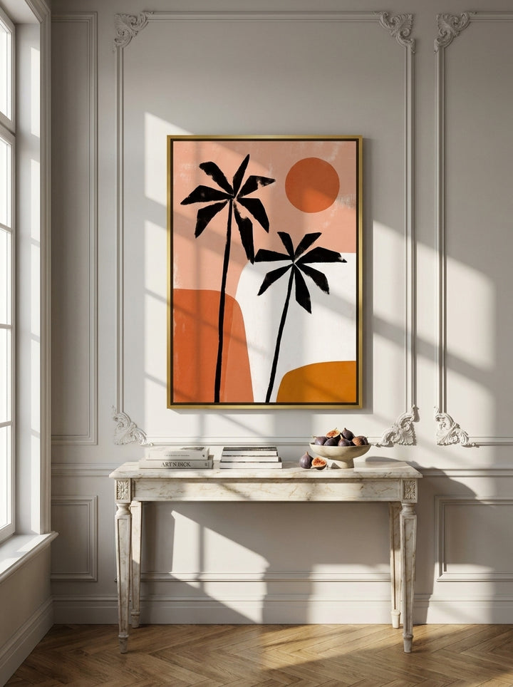 Canvas wall art with a gold leaf surround styled on the wall in a Parisian living room
