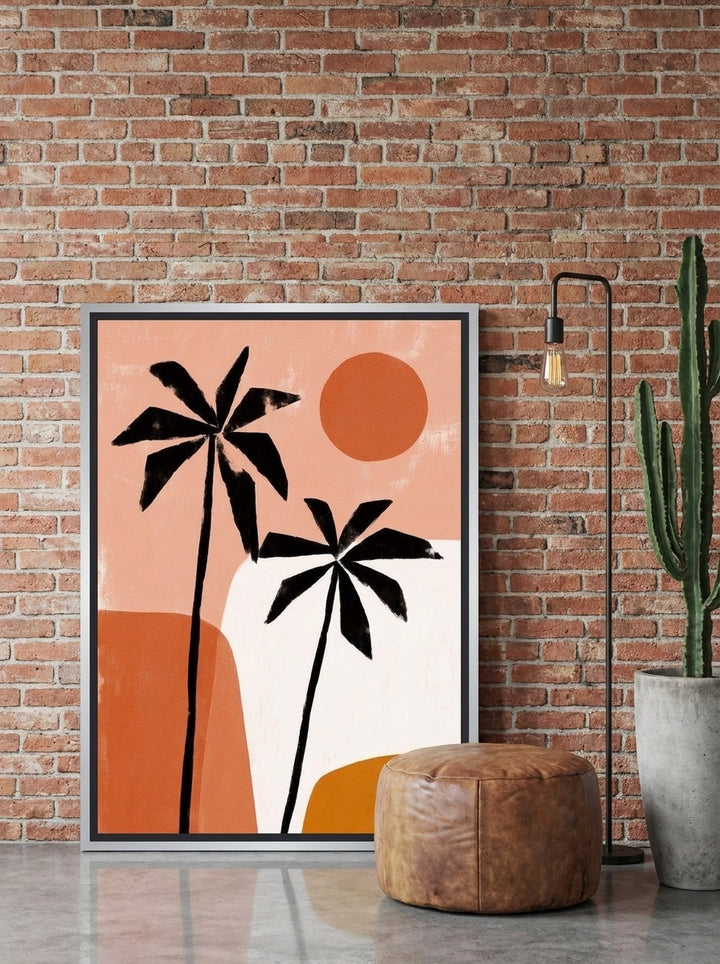 Canvas wall art with a silver leaf surround leaning against the wall in an industrial loft bedroom